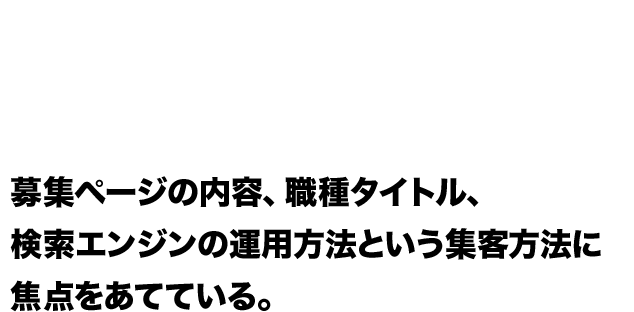 大手採用マーケティングの仕組み 募集ページの内容、職種タイトル、検索エンジンの運用方法という集客方法に焦点をあてている。