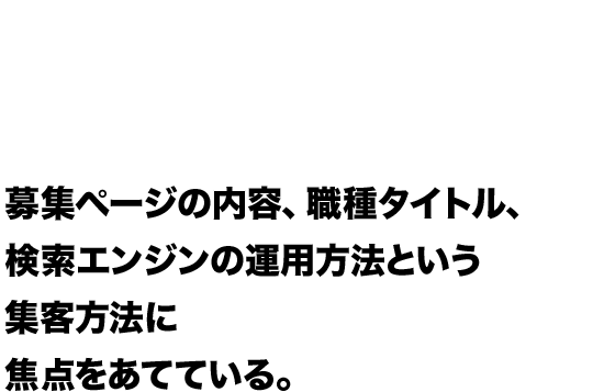 大手採用マーケティングの仕組み 募集ページの内容、職種タイトル、検索エンジンの運用方法という集客方法に焦点をあてている。